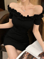 Burgundy/Black Off Shoulder Ruffle Bodycon Mini Dress