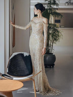Champagne Sequin Off Shoulder Mermaid Maxi Dress