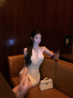 White/Black Halter Ruched Bodycon Mini Dress