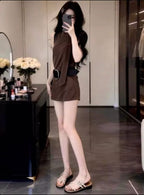 Coffee Brown Belted A-Line Mini Dress Set