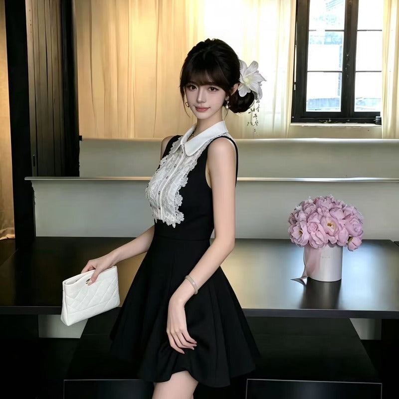 Black Belle Lace Peter Pan Collar Fit-and-Flare Mini Dress