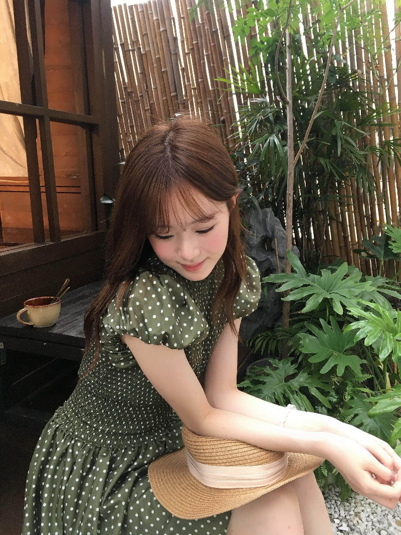 Green Polka Dot Puff Sleeve Smocked A-Line Mini Dress