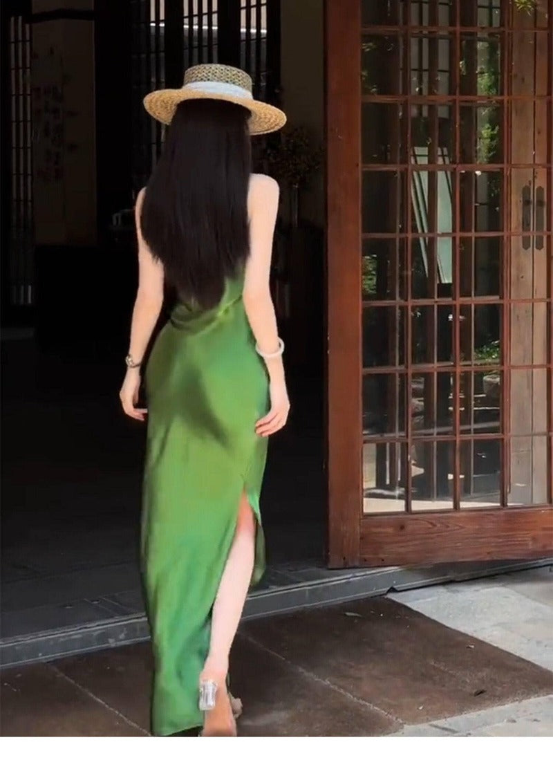 Green Satin Sleeveless Side Slit Bodycon Maxi Dress