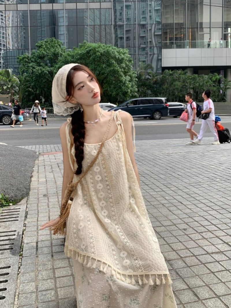 Lace Overlay Tassel Trim Asymmetric Hem Cami Midi Dress