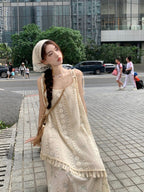 Lace Overlay Tassel Trim Asymmetric Hem Cami Midi Dress