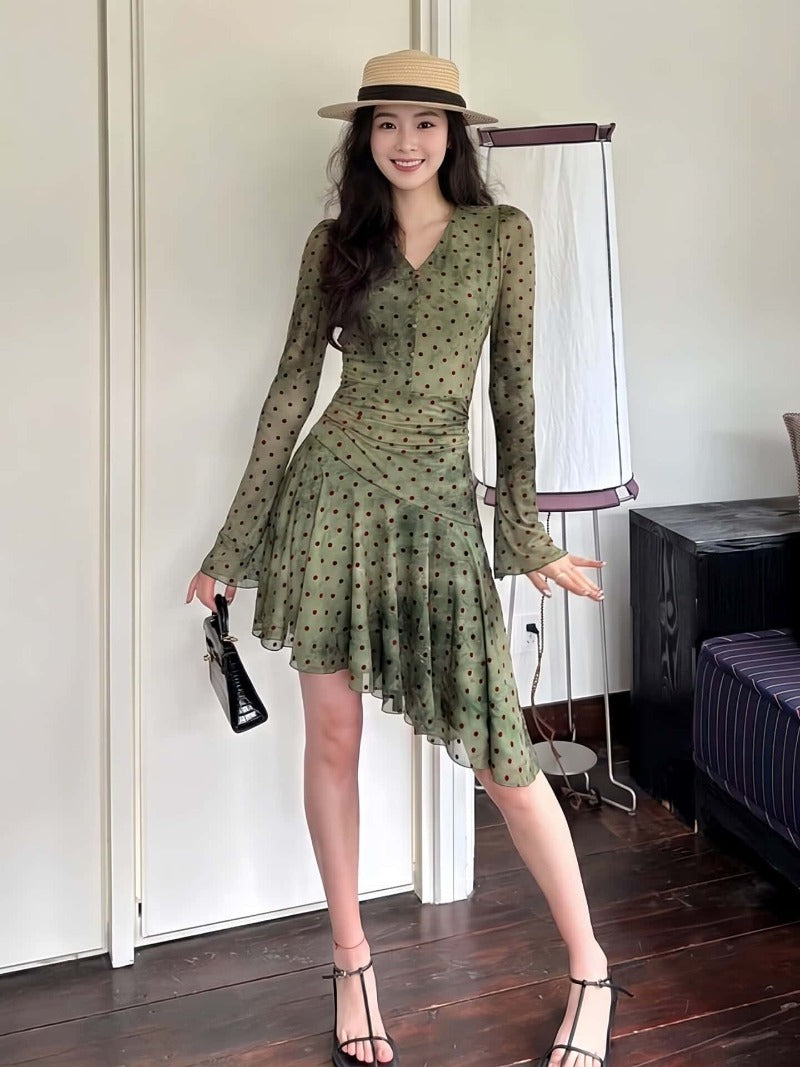 Green Polka Dot V-Neck A-Line Mini Dress