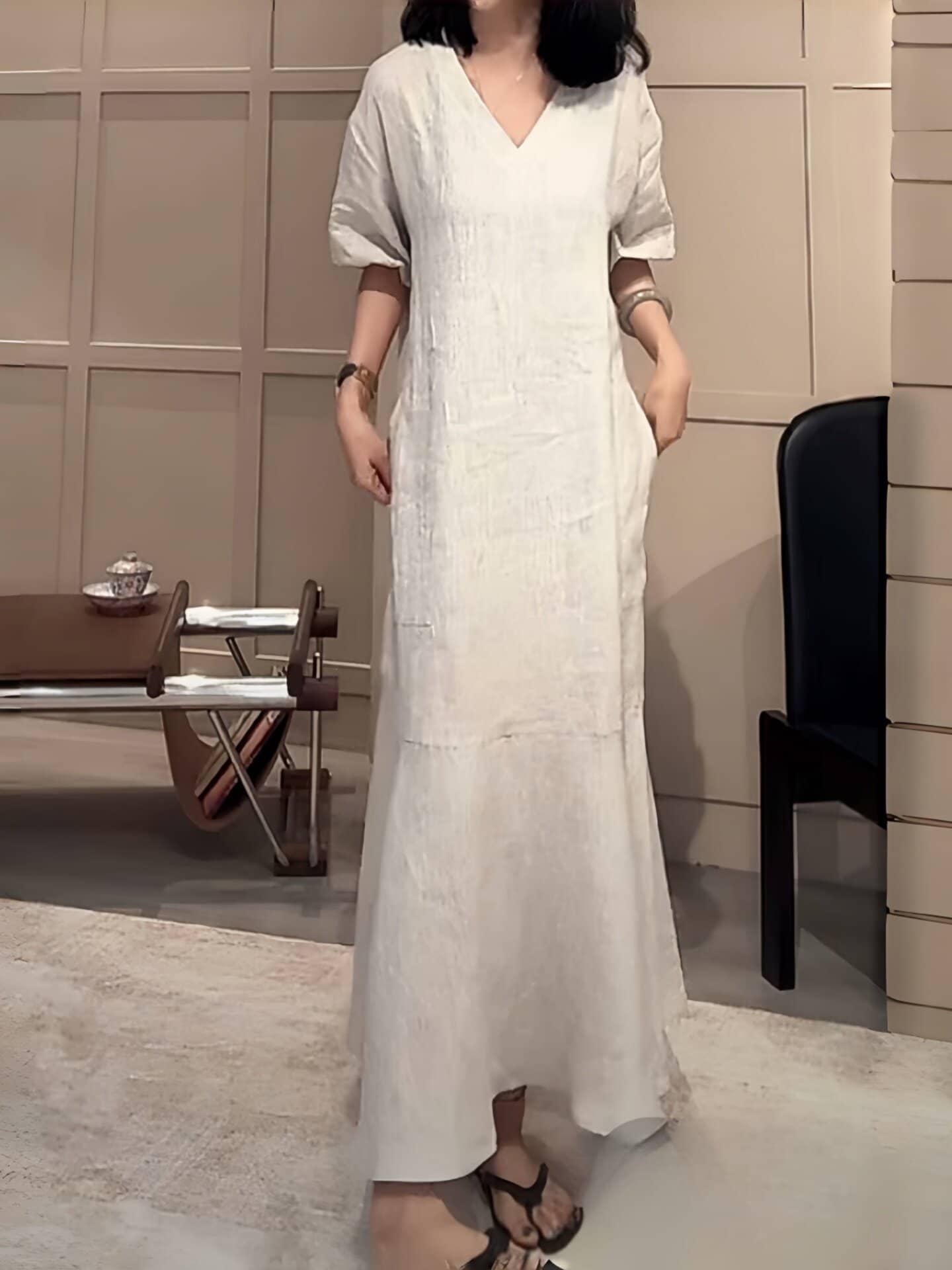 V-Neck Puff Sleeve High Waist A-Line Maxi Dress