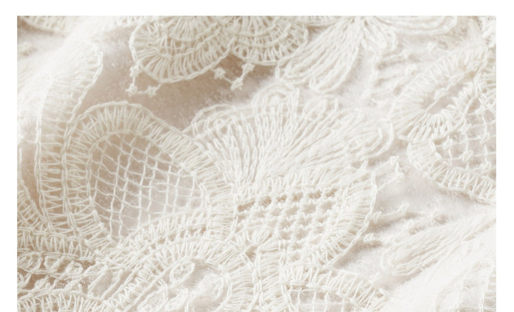 Ivory V Neck Lace Short Sleeve Shift Midi Dress