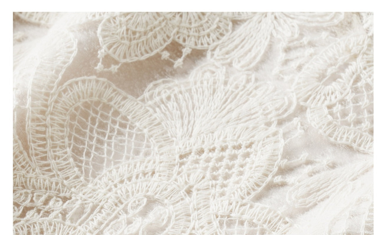 Ivory V Neck Lace Short Sleeve Shift Midi Dress