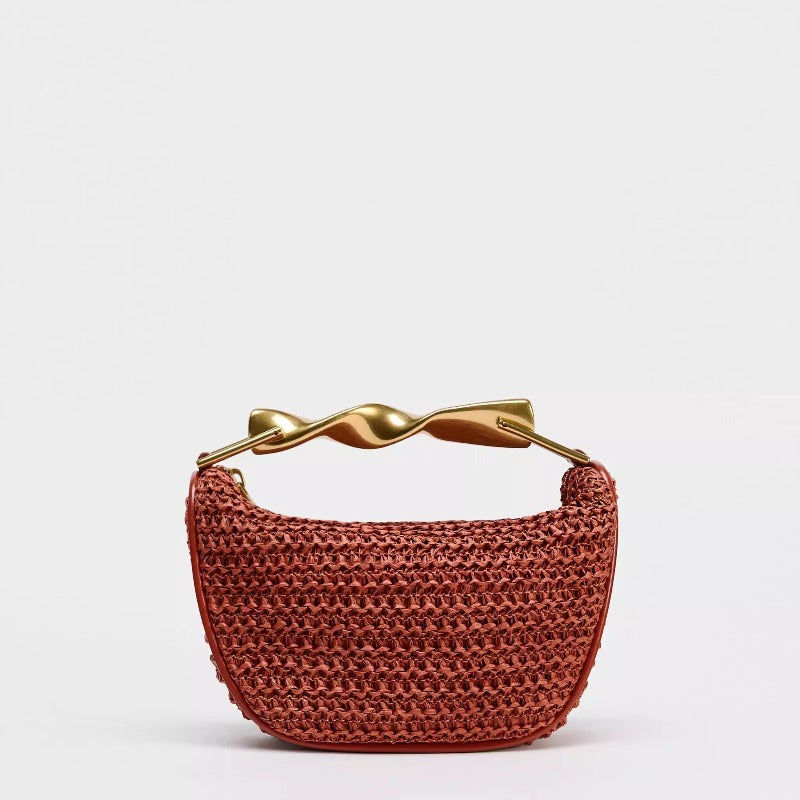 Raffia-Effect Woven Mini Bag with Metal Handle