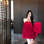 Red Off-Shoulder Draped Chiffon Mini Dress