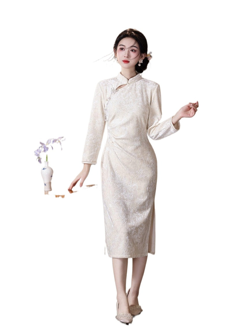 Embossed Velvet Mandarin Collar Sheath Midi Dress Main image