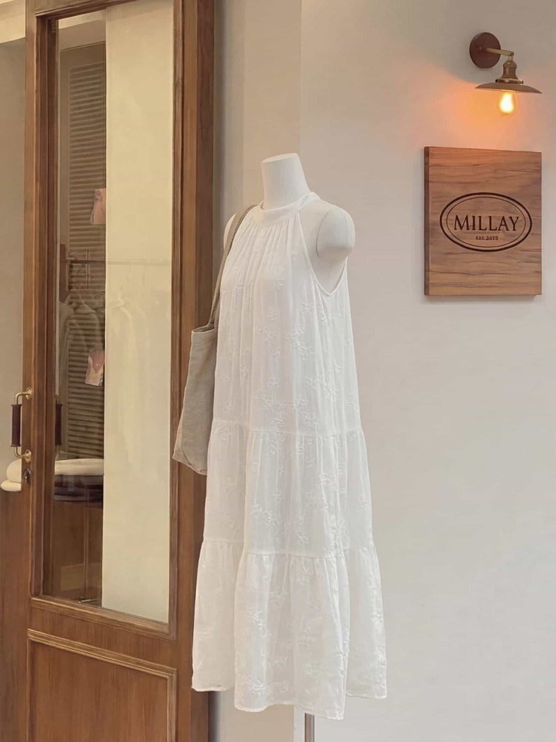 Coastal Ease Ivory Embroidered Halter Tiered Maxi Dress