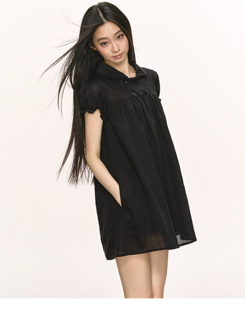 Lyocell Linen Puff Sleeve Collared Babydoll Mini Dress