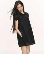 Lyocell Linen Puff Sleeve Collared Babydoll Mini Dress