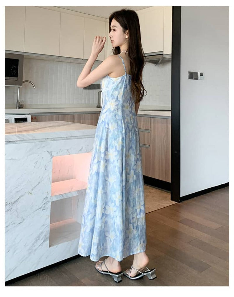 French Style Printed Tie Front Cami A-Line Maxi Dress