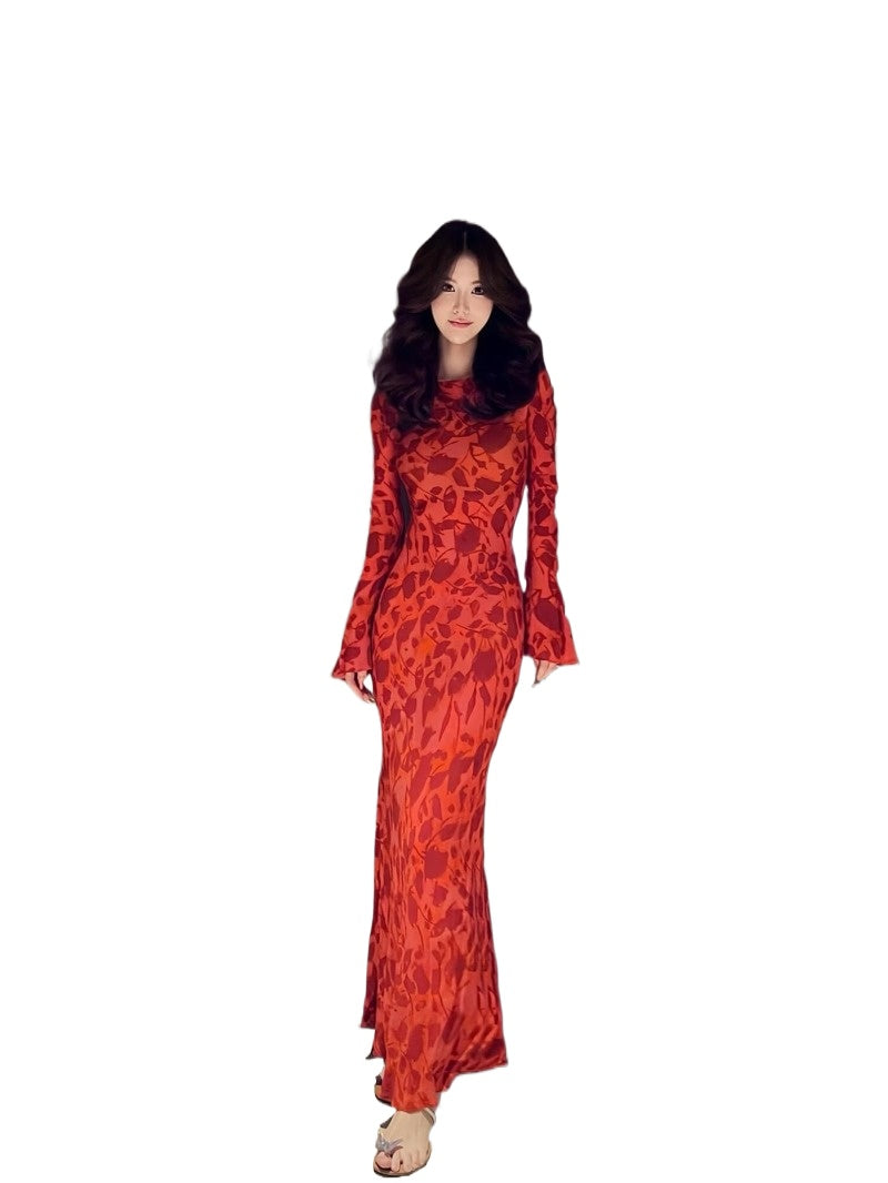 Floral Round Neck Bell Sleeve Mermaid Maxi Dress