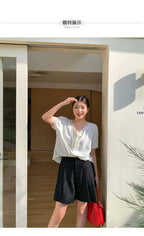 Apricot/Black Tie Front V Neck Puff Sleeve Blouse Top