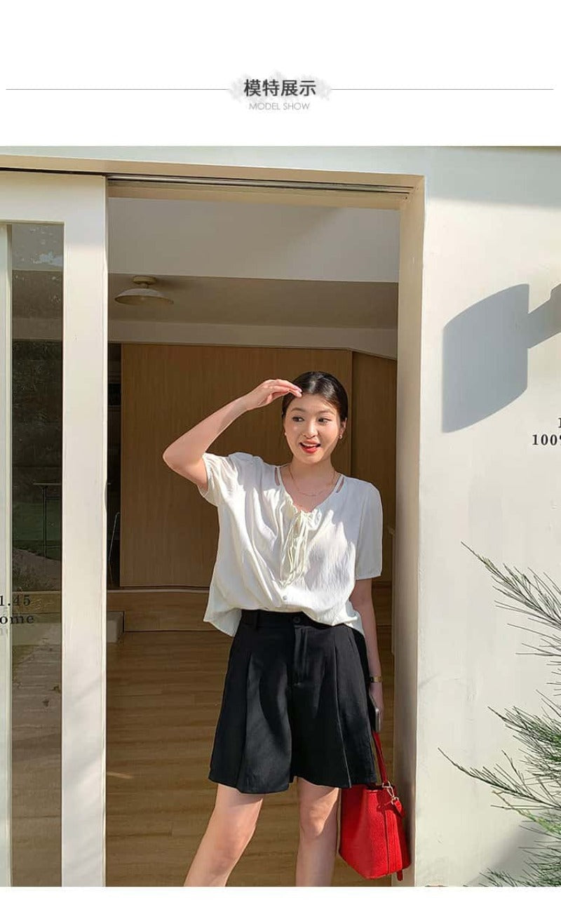 Apricot/Black Tie Front V Neck Puff Sleeve Blouse Top