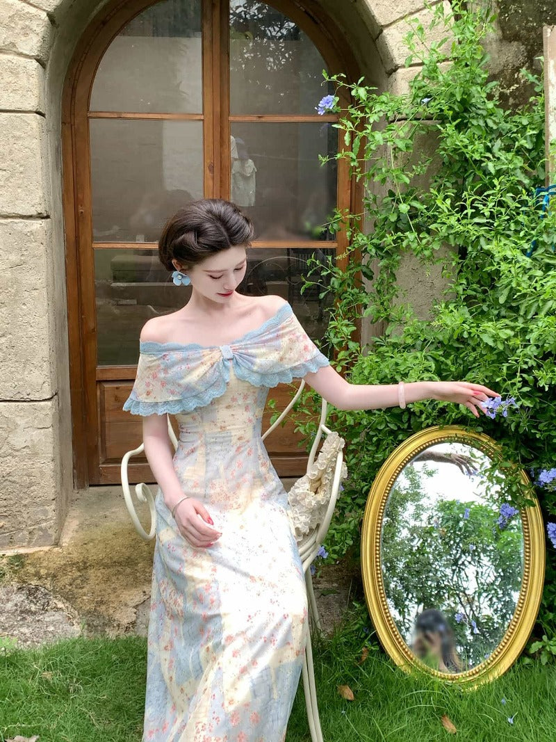 Blue Floral Off Shoulder Bow A-Line Maxi Dress Secondary image