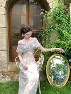 Blue Floral Off Shoulder Bow A-Line Maxi Dress
