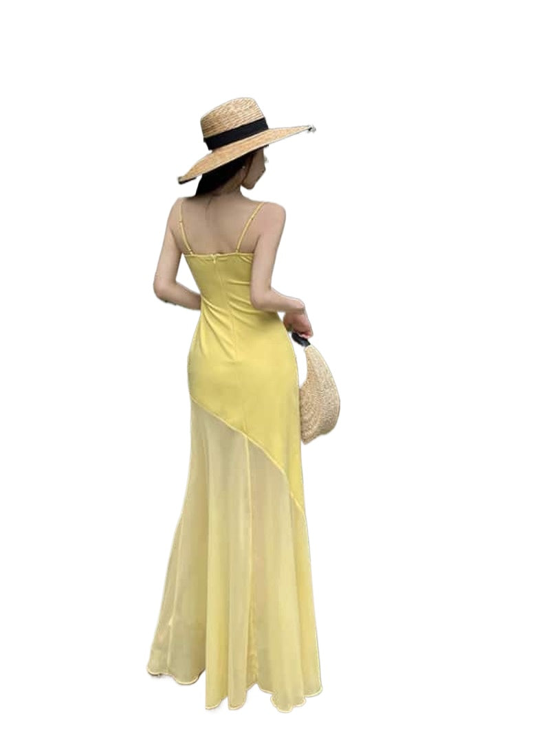 Sunlit Yellow Mesh Panel Mermaid Maxi Dress