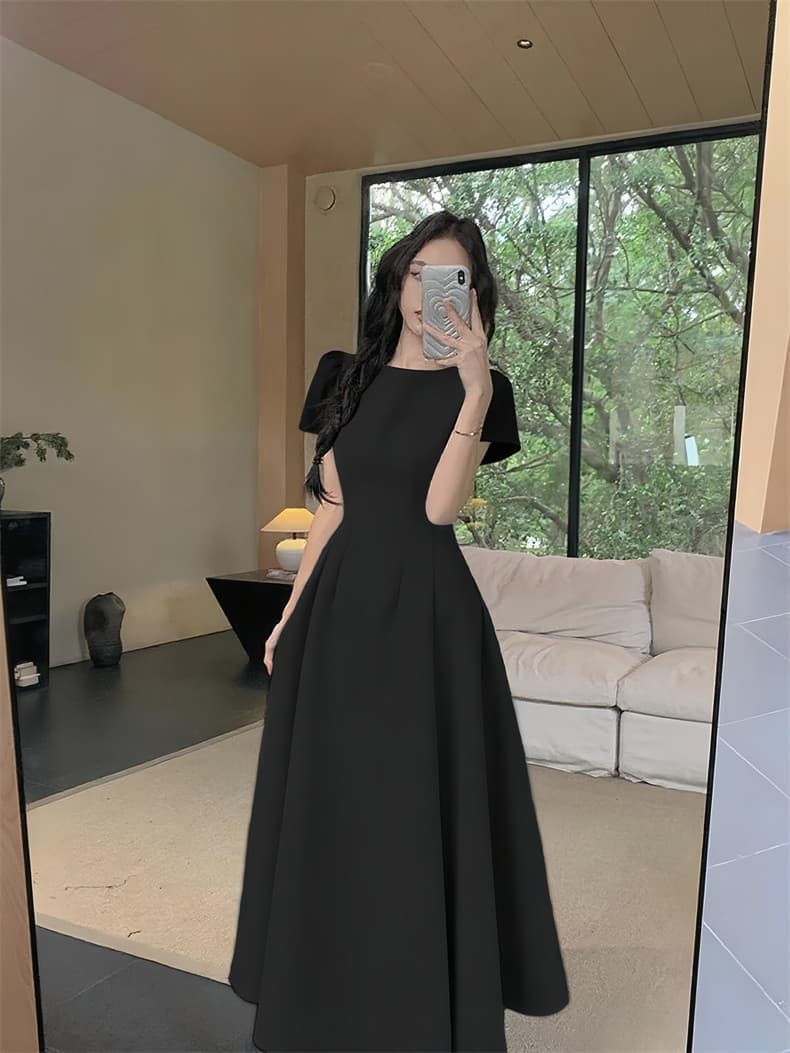 Round Neck Short Sleeve High Waist A-Line Maxi Dress