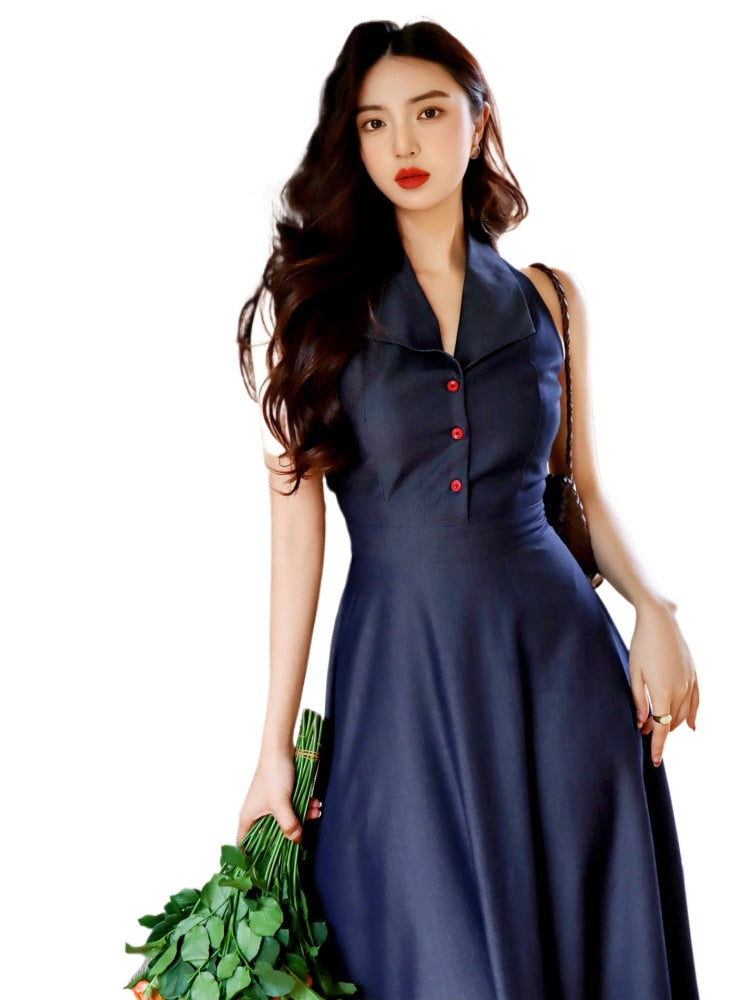 Denim Blue Collared Fit-And-Flare Midi Dress