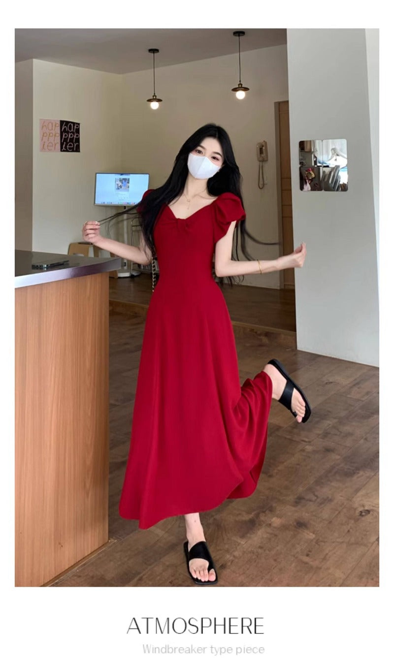 Wine Red V Neck Puff Sleeve Tie Back A-Line Maxi Dress
