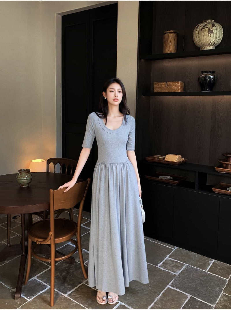 Gray U Neck Fit and Flare Maxi Dress