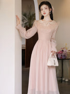 Pink Peter Pan Collar Ruffle A-Line Maxi Dress