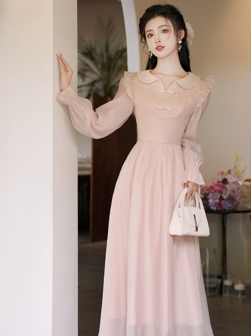 Pink Peter Pan Collar Ruffle A-Line Maxi Dress