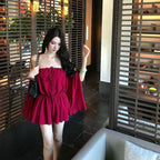 Red Off-Shoulder Draped Chiffon Mini Dress