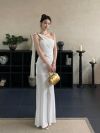 White One Shoulder Draped Fishtail Maxi Dress