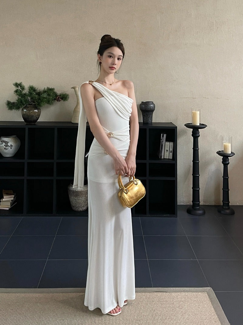 White One Shoulder Draped Fishtail Maxi Dress