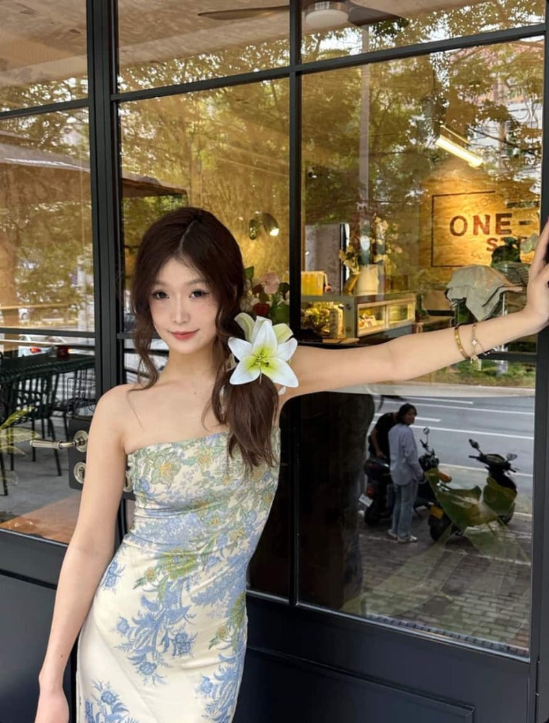 Pastel Botanical Strapless Asymmetric Maxi Dress