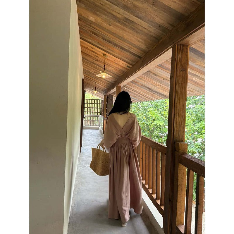 Cotton V-Neck Batwing Sleeve Maxi Dress