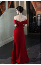 Wine Red Off Shoulder Draped A-Line Maxi Dress