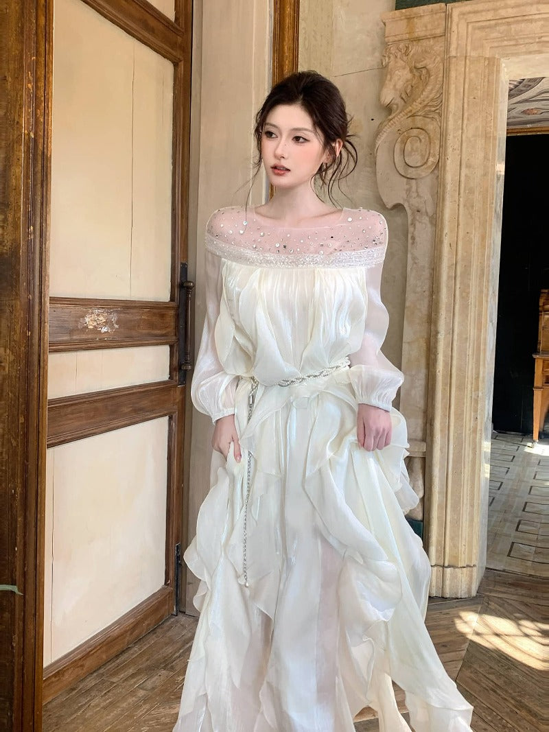 Ivory Sequin-Embellished Off-Shoulder Ruffle Maxi Dress