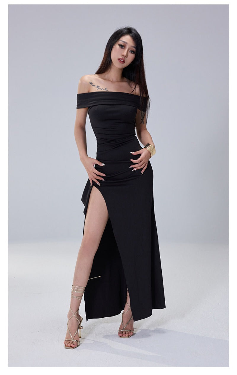 Black Off Shoulder Ruched High Slit Maxi Dress
