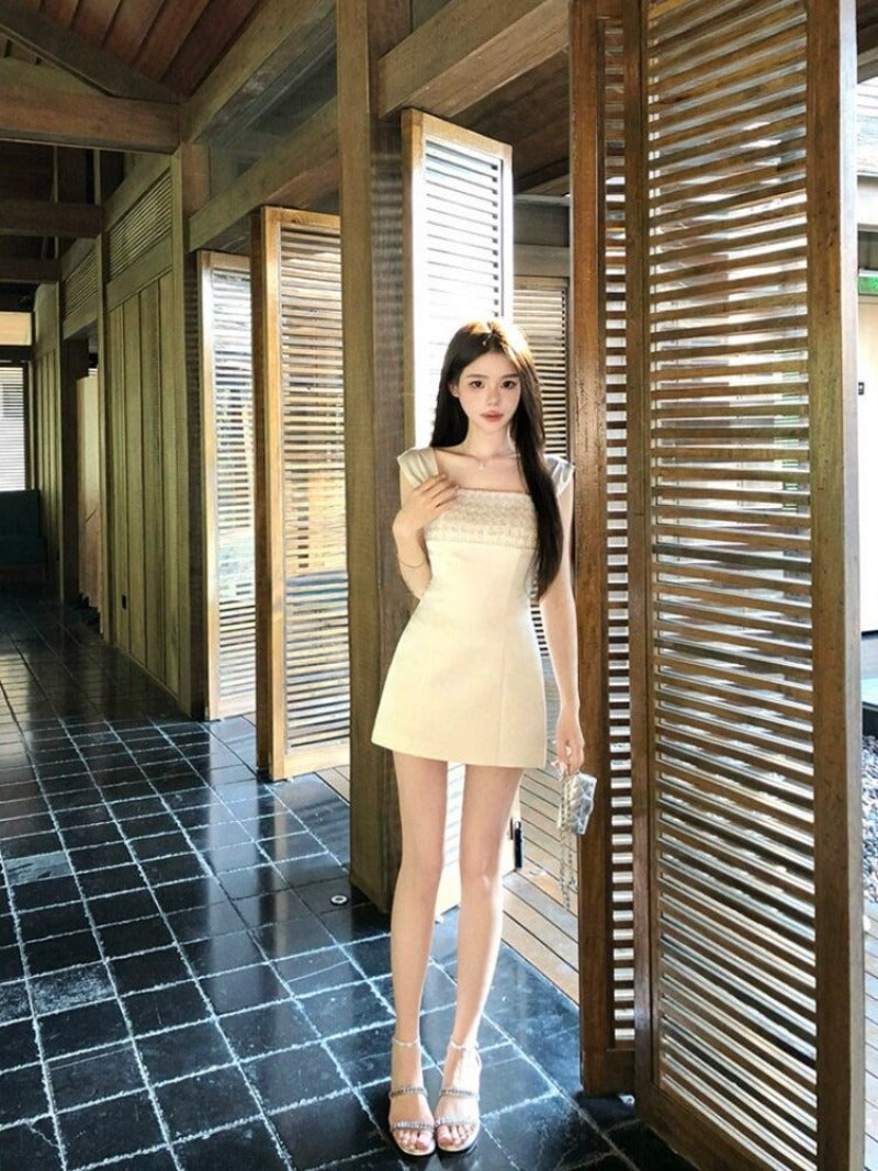 Ivory Pearl Beaded Square Neck A-Line Mini Dress