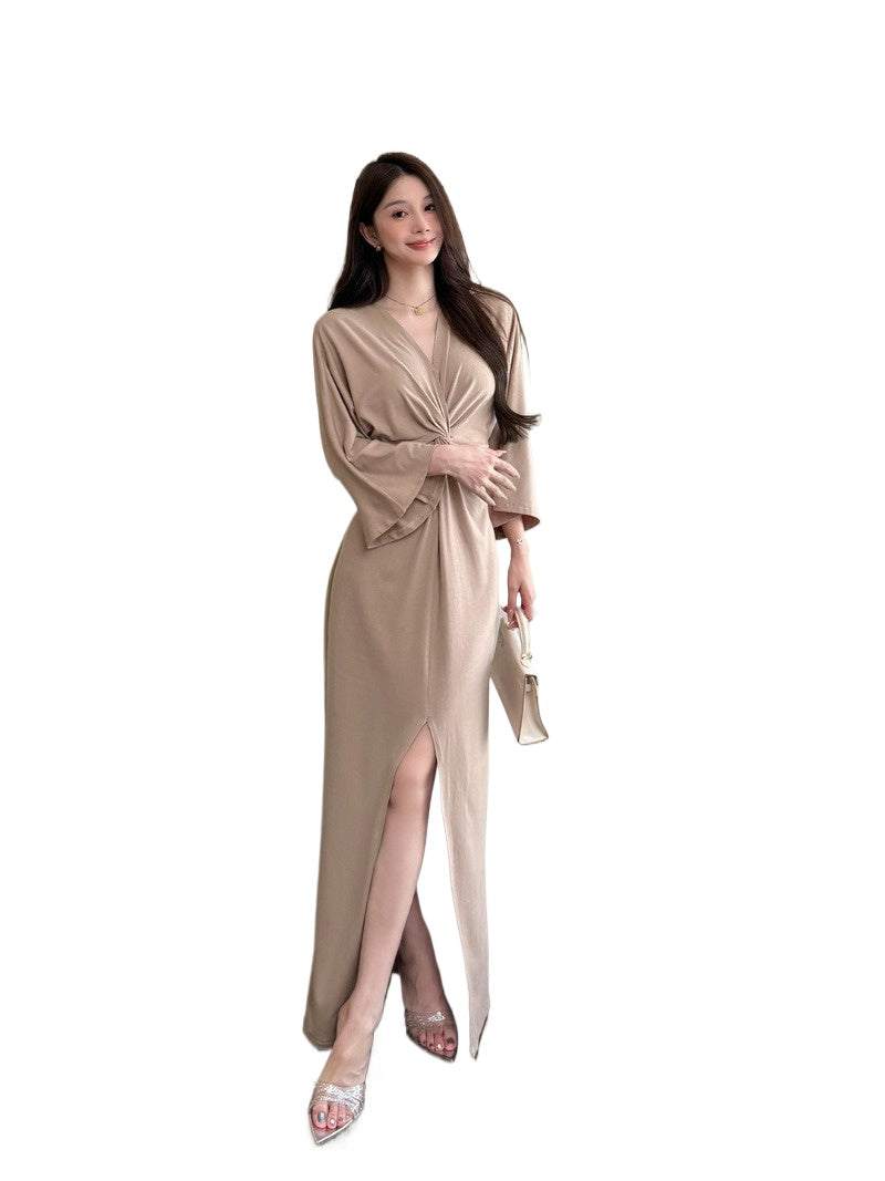Khaki V Neck Knot Draped Long Sleeve Maxi Dress