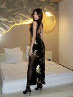 Midnight Gold Floral Mandarin Collar Qipao Maxi Dress