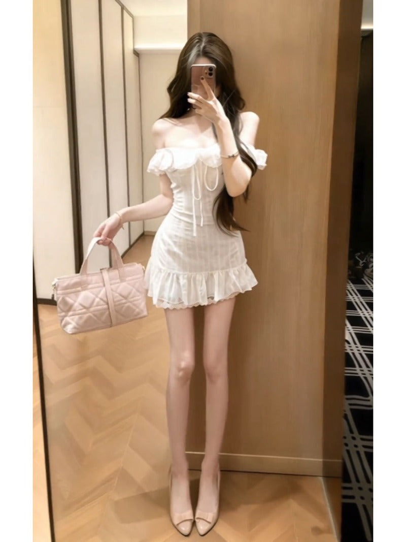 White Off Shoulder Ruffle Trim Ruched Bodycon Mini Dress