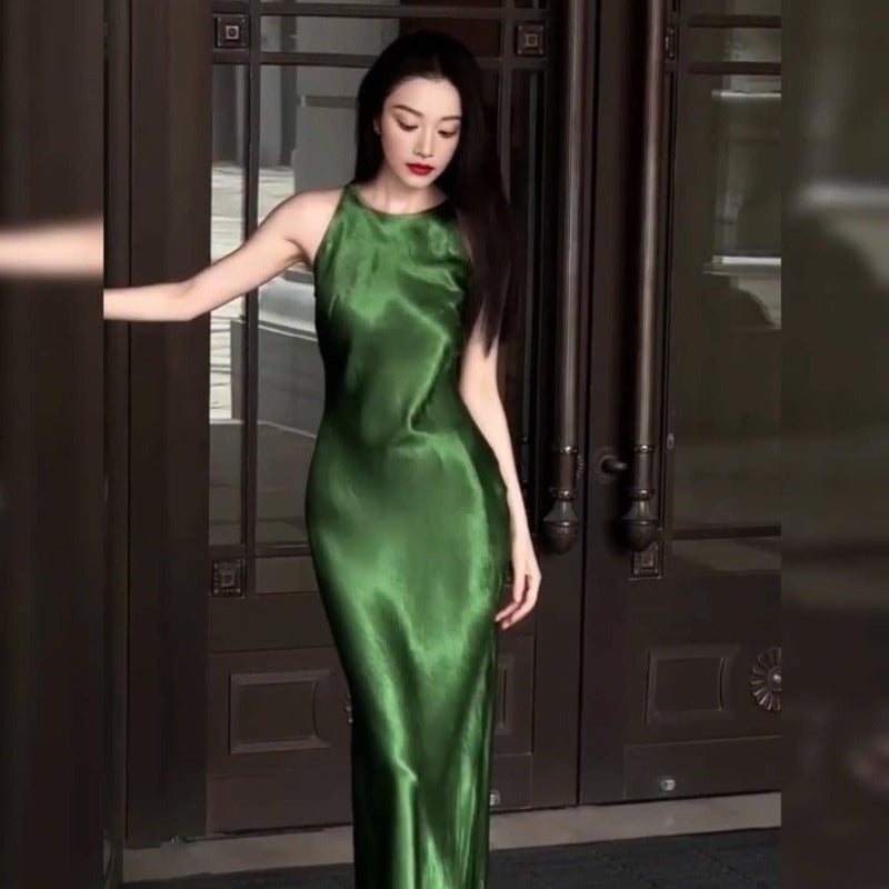 Green Satin Sleeveless Side Slit Bodycon Maxi Dress