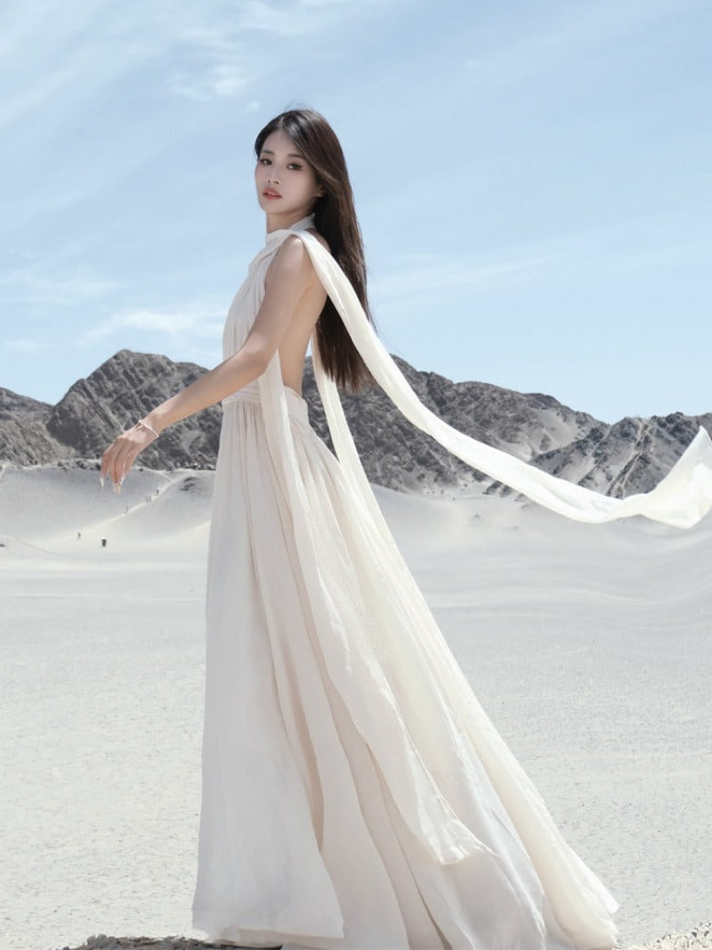 Desert Goddess Apricot Scarf Halter Backless Maxi Dress