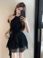 Flirty Black Ruffle Halter High-Low Mini Dress