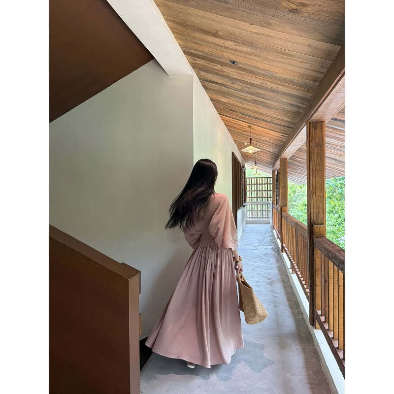 Cotton V-Neck Batwing Sleeve Maxi Dress