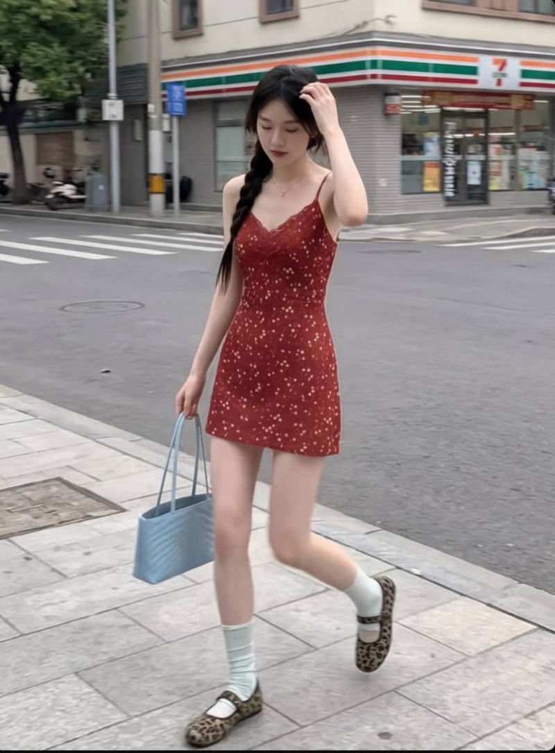Red Floral Print Lace Trim V Neck Cami Mini Dress