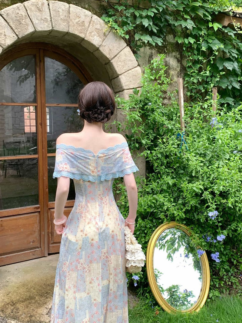Blue Floral Off Shoulder Bow A-Line Maxi Dress